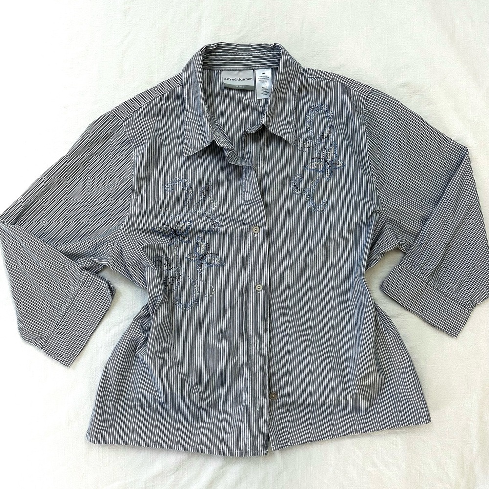 Alfred Dunner Y2K Pinstripe Sequin Embellished Button Up — Beaded Butterfly